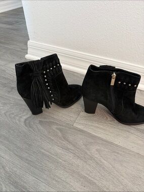 Black Suede Tassel Studded Ankle Boots - Women's